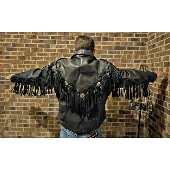 Vintage U.S. MADE Co. Black Leather Fringe Motorcycle Jacket Coat Men's XXL GIFT - Picture 2 of 16